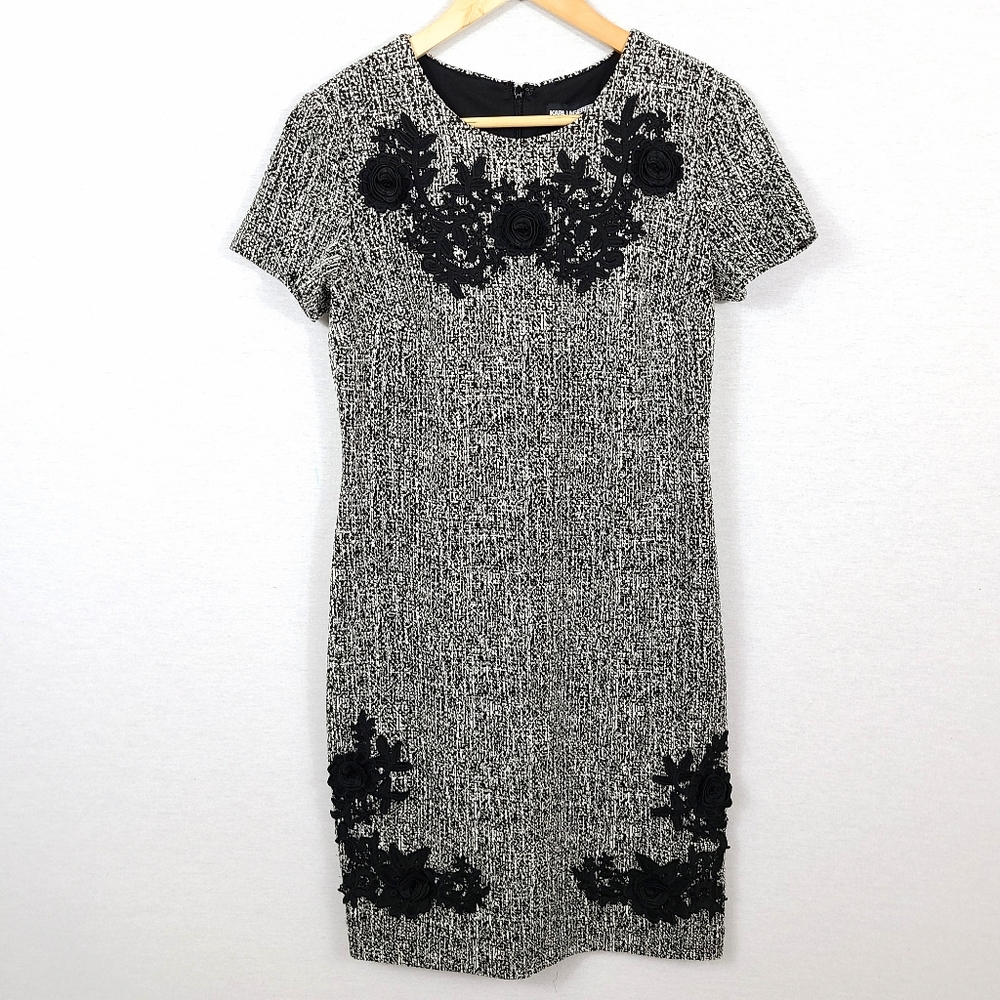 Karl Lagerfeld Tweed Floral Applique Shift Dress